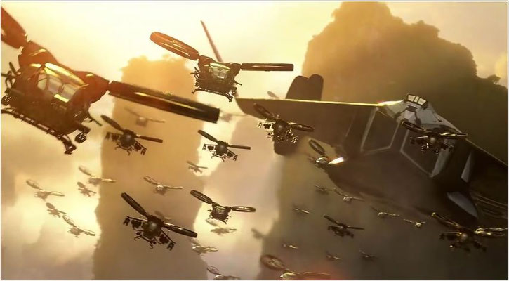 on den hier zu sehenden helikopterartigen Fluggeräten wurden 1:1 Modelle angefertigt und im Film, z.B. für Cockpitaufnahmen verwendet