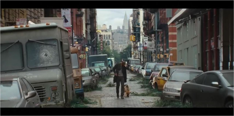 für den Film wurden Autos mit Staub berieselt, damit sie aussehen, als stünden sie seit Jahren. Zusammen mit CGI-generierten Mattepaintings und einigen anderen Effekten entsteht so die perfekte Illusion eines im Verfall begriffenden New York City