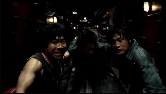 für ostasiatische Streifen nicht unüblich ist ein gewisses Overacting, hier zu sehen: Cpt. Hwang, Do Sang und Go Jong fliehen in Panik vor dem Monster