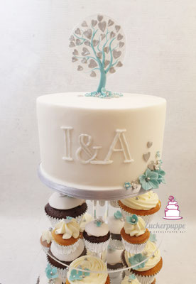 Cupcakes und Torte schlicht in weiss, türkis und silber, im Design der Einladungskarte zur Hochzeit von Isabelle und Adrian