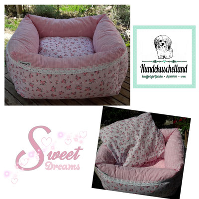 Sweet Dreams Kuschelbettchen mit handgeklöppelter Spitze ca. 60 x 60 cm ,aus Baumwolle / Püschfleece, bis 40 °C in der Maschine waschbar.