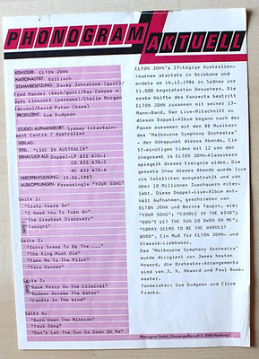 Promo-Sheet von PHONOGRAM zum Album "Elton-John - Live in Australia"  (GER 1987, DoLP, GAT, The Rocket Record Company ‎/ 832 470-1)