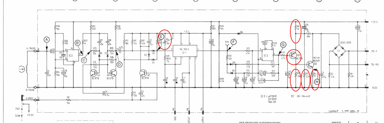 Die rot markierten Bauteile sind dabei durchgebrannt. Der Trimmer R14 ist bei Einbau der Platine kaputt gegangen.