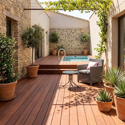 Sonnige Bamusterrasse in einem Innenhof mit kleinem Pool, Korbsessel und mediterranen Pflanzen in Terrakottatöpfen.