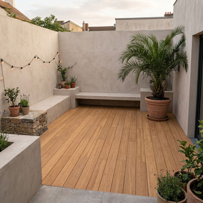 Moderner Innenhof mit Bambus-Terrassendielen, integrierten Sitzbänken und Pflanzgefäßen – langlebiger und pflegeleichter Terrassenbelag für stilvolle Außenbereiche.