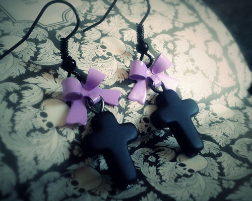 Black Cross Earrings with a Purple Bow