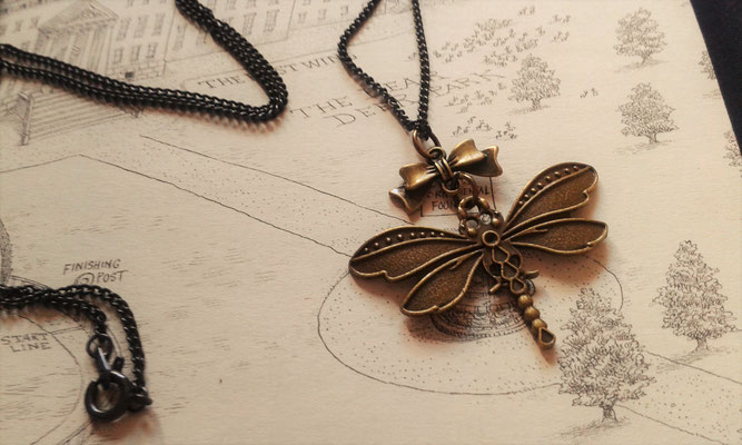 Steampunk Dragonfly necklace with a Bronze Bow