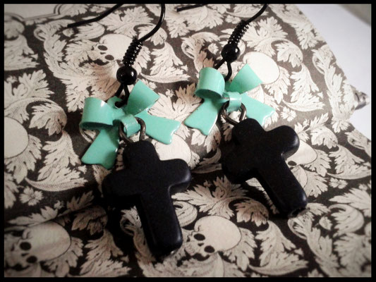 Black Cross Earrings with a Mint Bow