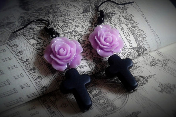Black Cross Earrings with a Purple Rose
