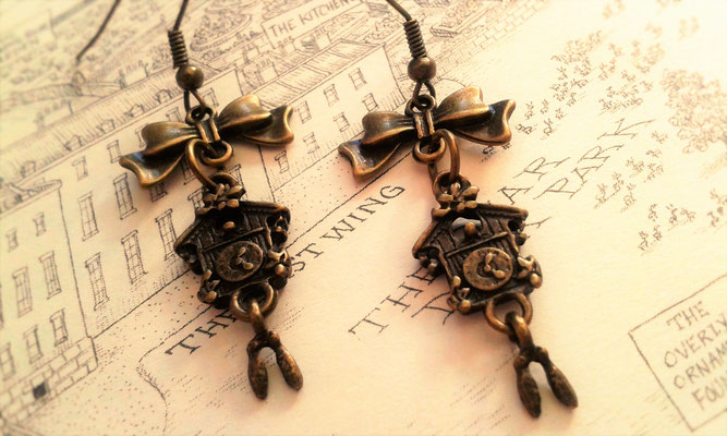 Steampunk Cuckoo Clock earrings with Bronze Bows