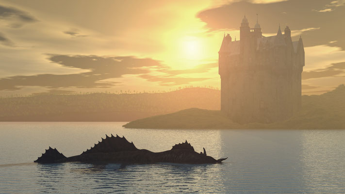 Loch Ness Monster and Scottish Castle Computer generated 3D illustration Copyright Michael Rosskothen