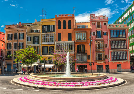 Old colorful houses in the center of spanish town Palma de Mallorca, Spain by Boris Stroujko