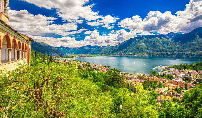 view to Locarno city, lake Maggiore (Lago Maggiore) and Swiss Alps in Ticino from from Madonna del Sasso Church, Switzerland - Copyright gevision