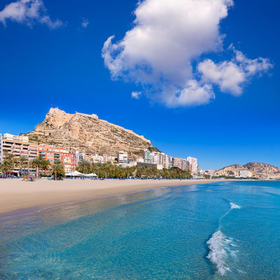 Alicante Postiguet beach and castle Santa Barbara in Spain by holbox