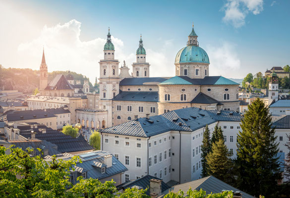 Skyline of Stadt Salzburg with Cathedral in summer at sunset, Salzburg, Austria copyright mRGB