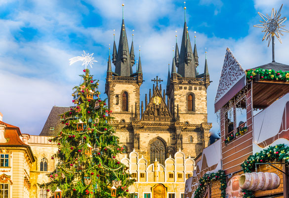 Christmas tree and fairy tale Church of our Lady Tyn in magical Prague, Czech Republic - By Balate Dorin