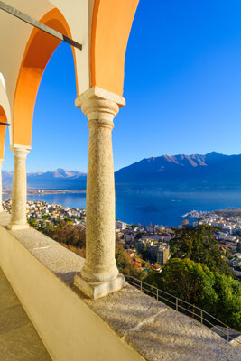 View of the Locarno and Lake Maggiore from the Madonna del Sasso church, in Locarno, Ticino, Switzerland - Copyright RnDmS