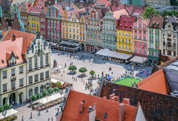 People walking on the market square in Wroclaw, Poland. Top view Copyright Velishchuk Yevhen