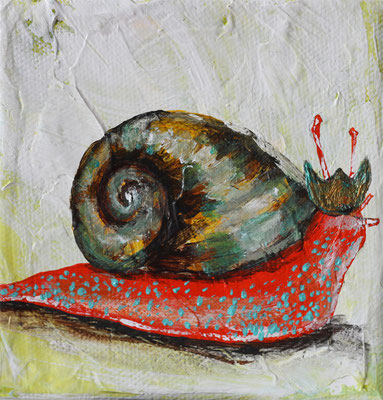 Snail King is Slow to Act, 4" x 4", acrylic on canvas, 2014