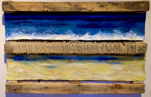 A.P.-MS0051 - StrandGut - waif - 2015 - Palette - Acrylfarbe, Canvas, Holz, Hanfseil - 79x124x15 cm (c) Palder, tOG-Düsseldorf 