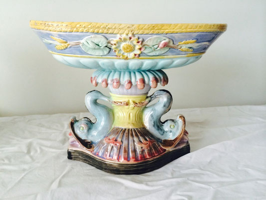 Majolica Centrepieces | Floret Pattern to Dish Resting on Pedestal with Two Supporting Dolphins | H:195 x W:255 x D:145mm | Price: $245.00 pair 