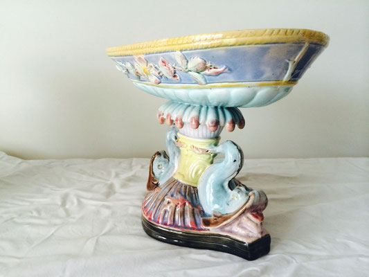 Majolica Centrepieces | Floret Pattern to Dish Resting on Pedestal with Two Supporting Dolphins | H:195 x W:255 x D:145mm | Price: $245.00 pair