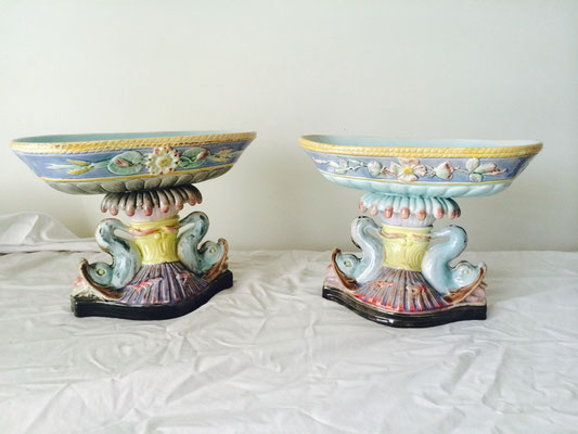 Majolica Centrepieces | Floret Pattern to Dish Resting on Pedestal with Two Supporting Dolphins | H:195 x W:255 x D:145mm | Price: $245.00 pair