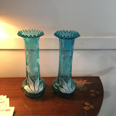 Pair of Hand Painted Victorian Blue Glass Vases | Circa 1870 | Price: $285.00