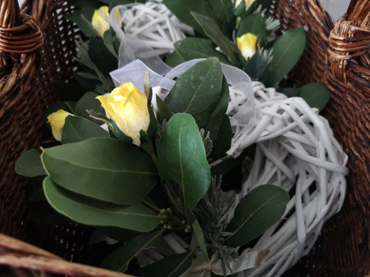 wedding decoration with yellow roses in basket