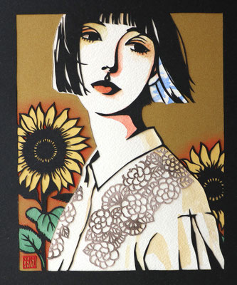 「向日葵」SOLD　2019  切り絵、和紙、水彩  142×175mm