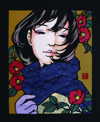 「椿」SOLD　2019  切り絵、和紙、水彩  142×175mm