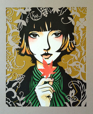 「紅葉」SOLD　2019  切り絵、和紙、水彩  142×175mm