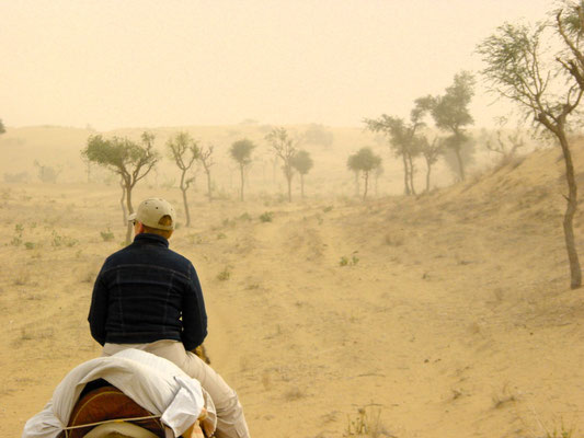 Ein kühler Wind bläst Sand in Nasen und Ohren