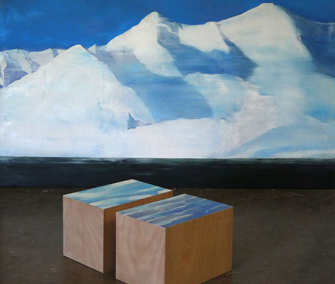 Montagne. huile/toile. 150/240 cm et volumes bois peints