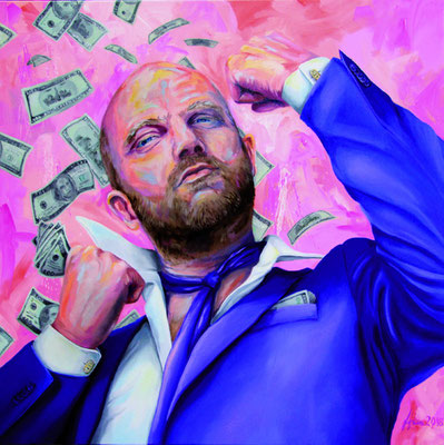 Guido Lippken "Moneyfight" 100 x 100 cm Öl auf Leinwand, 2016 „Durch Beobachtungen inspiriert, zeichnen meine Werke ein vielschichtiges Gesellschaftsbild. Sie dringen in die Welt der Protagonisten ein, zeigen vertraute und unvertraute Teilstücke GUIDO L