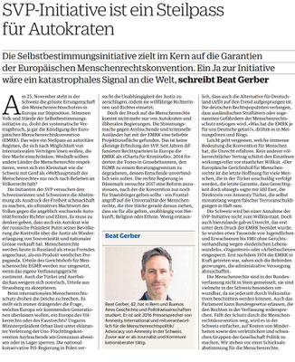 Beat Gerber in NZZ am Sonntag vom 11.11.2018: Selbstbestimmungsinitiative = ein Steilpass für Autokraten