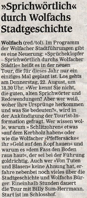 >>Sprichwörtlich<< durch Wolfachs Stadtgeschichte, OT August 2019