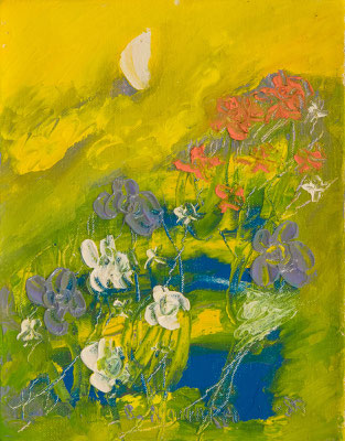 月と花 Moon and Flowers, 1983, 17.8 x 14.0 cm Oil on canvas