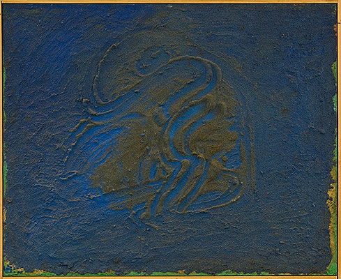あおはしづかにうみとそらはであい The blue quietly meets the sea and sky, 1990, 66.7 x 81.8 cm Oil and sand on canvas
