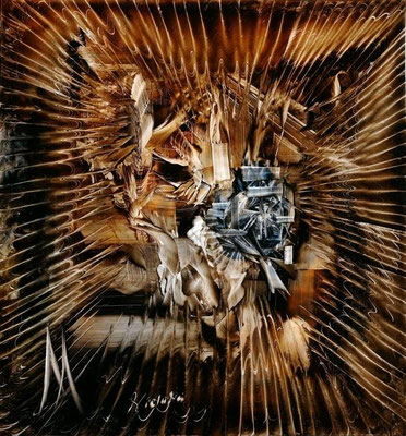 oil on hardboard,  resin lacquer mixture coating, proprietary technique, 60x55 cm
