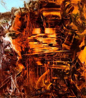 oil on hardboard,  resin lacquer mixture coating, proprietary technique, 150x130 cm