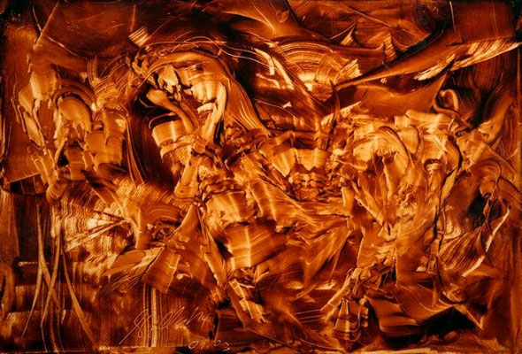 oil on polypropylene material,  resin lacquer mixture coating, proprietary technique, 35 x45 cm