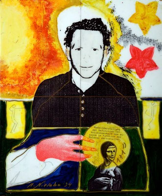 collage on hardboard, resin lacquer mixture coating, proprietary technique, 33x27,5 cm