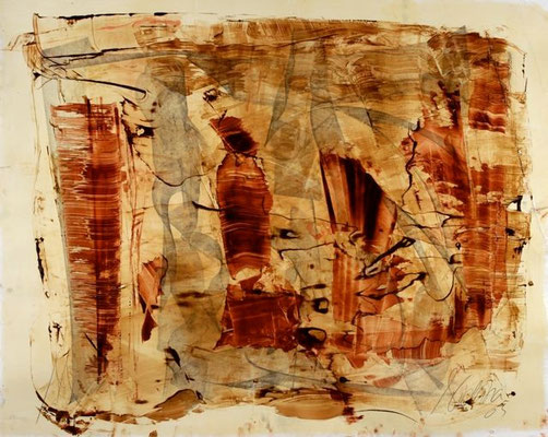 oil on cardboard, resin lacquer mixture coating, proprietary technique, 100x125 cm
