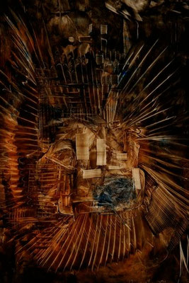 oil on hardboard,  resin lacquer mixture coating, proprietary technique, 74x56 cm