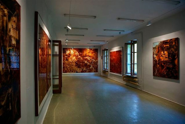 oil on hardboard,  resin lacquer mixture coating, proprietary technique