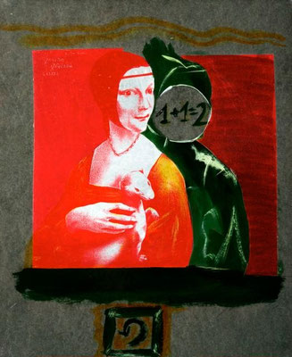 collage on hardboard, resin lacquer mixture coating, proprietary technique, 33x27,5 cm