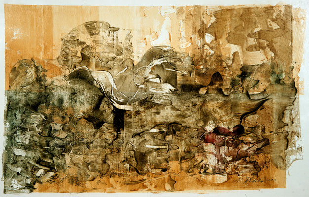 oil on cardboard,  resin lacquer mixture coating, proprietary technique, 50x70 cm