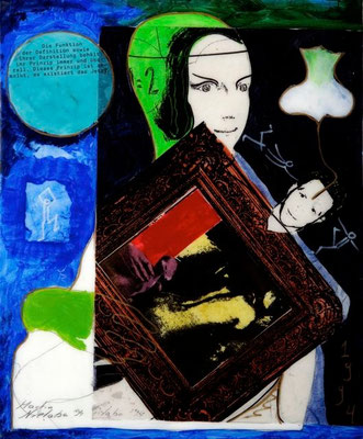 collage on hardboard, resin lacquer mixture coating, proprietary technique, 33x27,5 cm