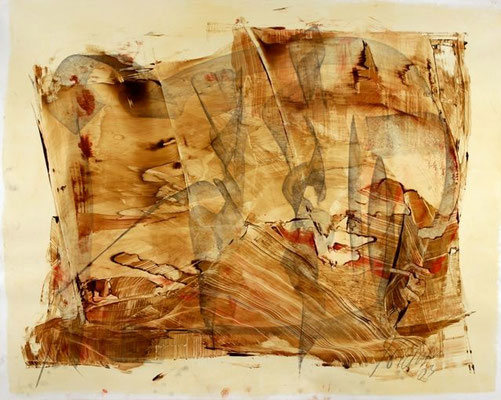 oil on cardboard, resin lacquer mixture coating, proprietary technique, 100x125 cm